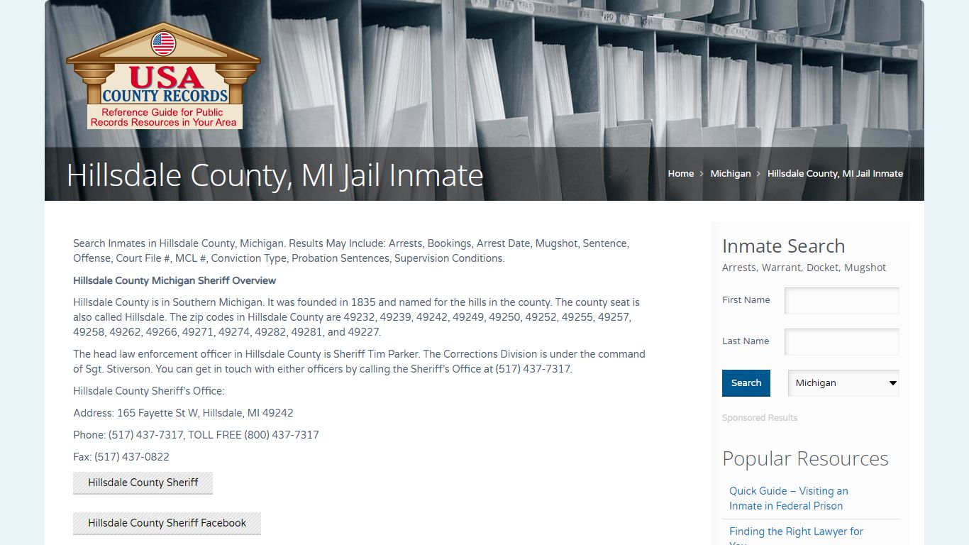 Hillsdale County, MI Jail Inmate | Name Search